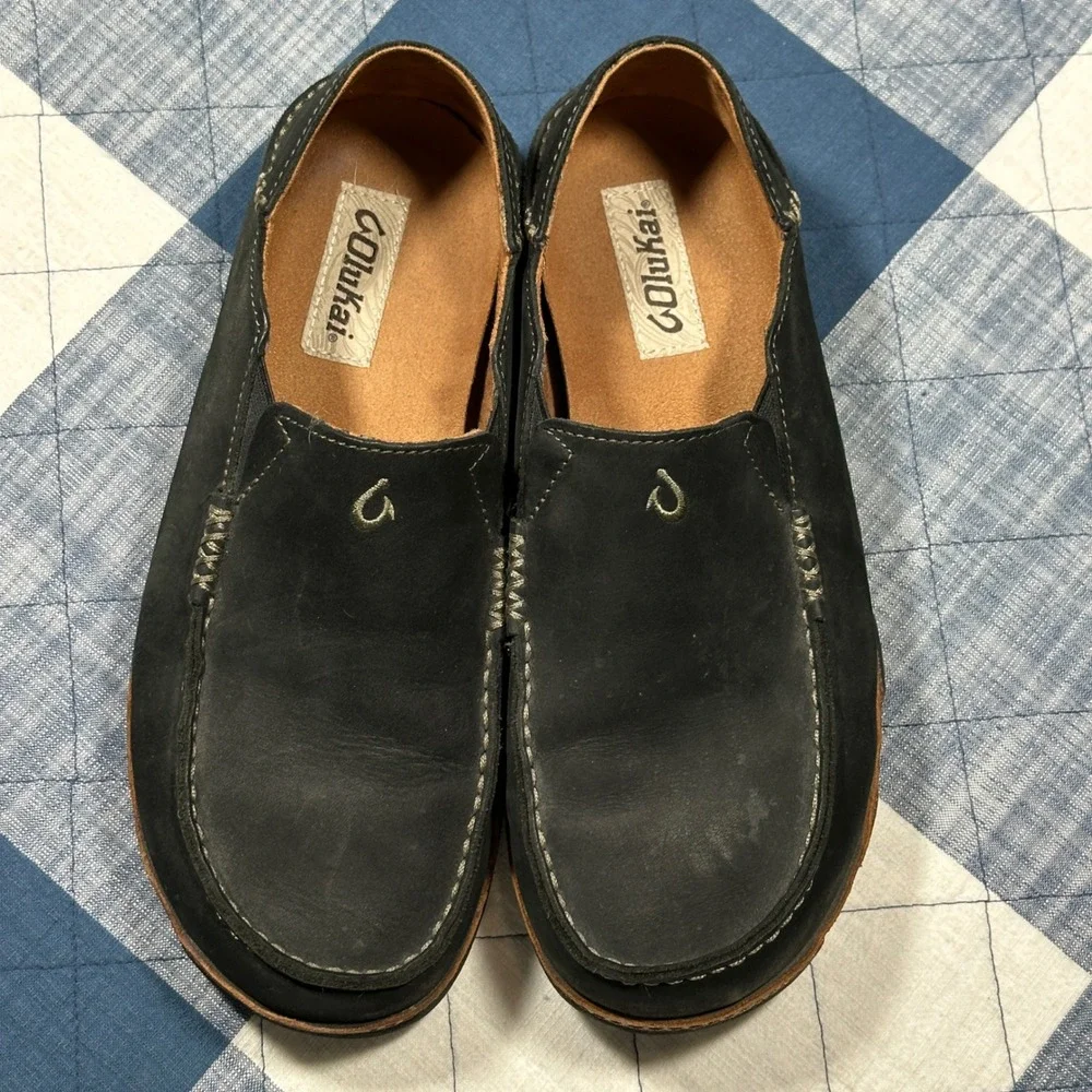 OluKai Moloa Black Leather Slip On Loafer‎ Shoes Men's 8 EU 41 Retail $140